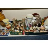 THREE BOXES AND LOOSE CERAMICS AND CAT ORNAMENTS, to include a West German vase marked 239-47,