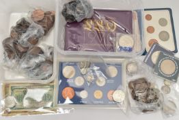 TWO PLASTIC BOXES CONTAINING MOSTLY UK COINAGE, to include some early Victorian silver coins,