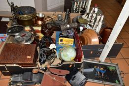 THREE BOXES OF TREEN AND METALWARE to include a musical wooden fruit bowl, a wooden barrel and