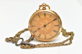 AN 18CT GOLD VICTORIAN OPEN FACE POCKET WATCH, the watch face with foliate detail, black Roman