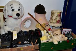 TWO BOXES OF ELECTRICAL ITEMS AND SOFT TOYS, to include a collection of St. Giles Hospice bears,