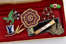 A SELECTION OF COSTUME BROOCHES, to include a blue enamel brooch by Fattorini & Sons, a large purple