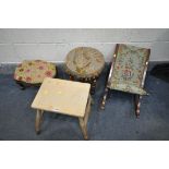 AN ASH STOOL, with turned legs and stretchers, a mahogany needlework gout stool, a 19th century