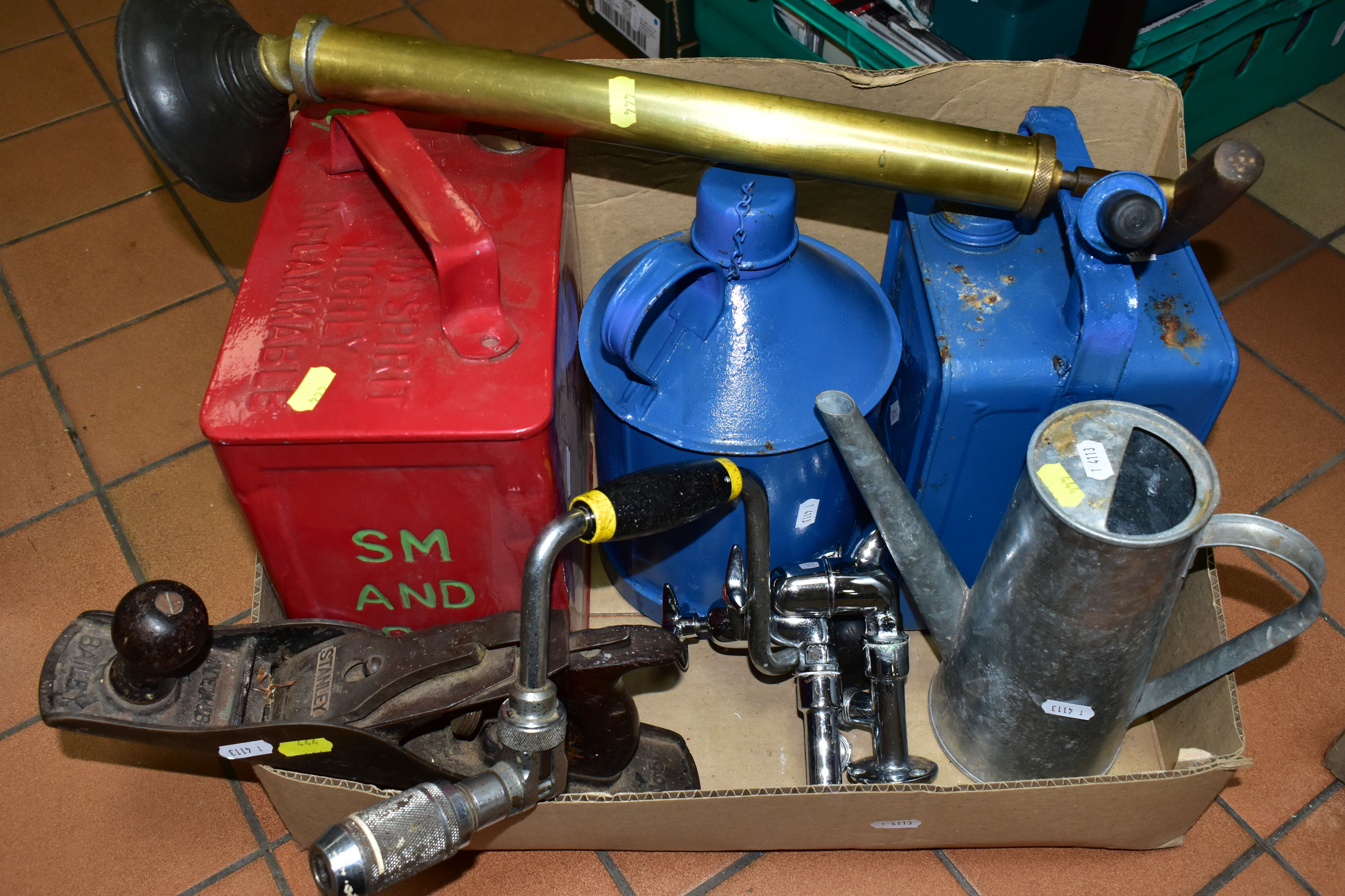 ONE BOX OF METALWARE, to include a large Stanley No 78 hand brace drill, a vintage Valor petrol