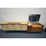 A BEAUTILIY WALNUT SIDEBOARD, top with sliding storage section, above three drawers, flanked by