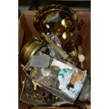 ONE BOX OF ASSORTED BRASSWARE to include a novelty ship's porthole style mirror, two ship's bells, a