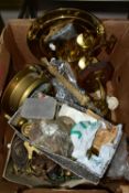 ONE BOX OF ASSORTED BRASSWARE to include a novelty ship's porthole style mirror, two ship's bells, a