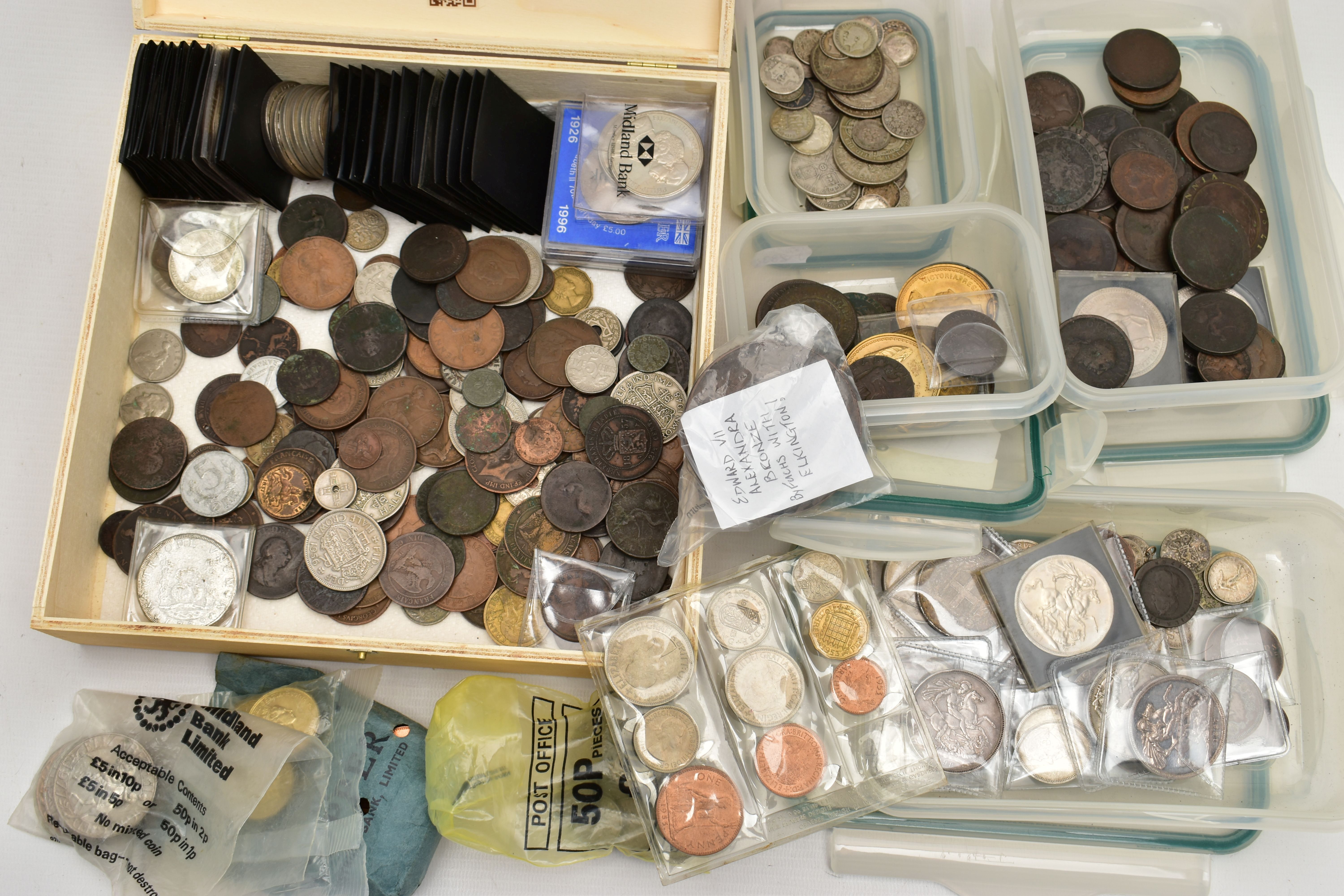 A PLASTIC CRATE IN WHICH ARE SEVERAL BOXES OF COINS, to include crowns 1887, 1898, 1935, 1937, 1951,