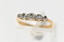 A MID 20TH CENTURY DIAMOND FIVE STONE RING, set with graduating diamonds to include three old