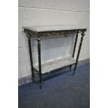 A 20TH CENTURY FRENCH BRASSED CONSOLE TABLE, with a marble top and matching undershelf, open work