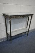 A 20TH CENTURY FRENCH BRASSED CONSOLE TABLE, with a marble top and matching undershelf, open work