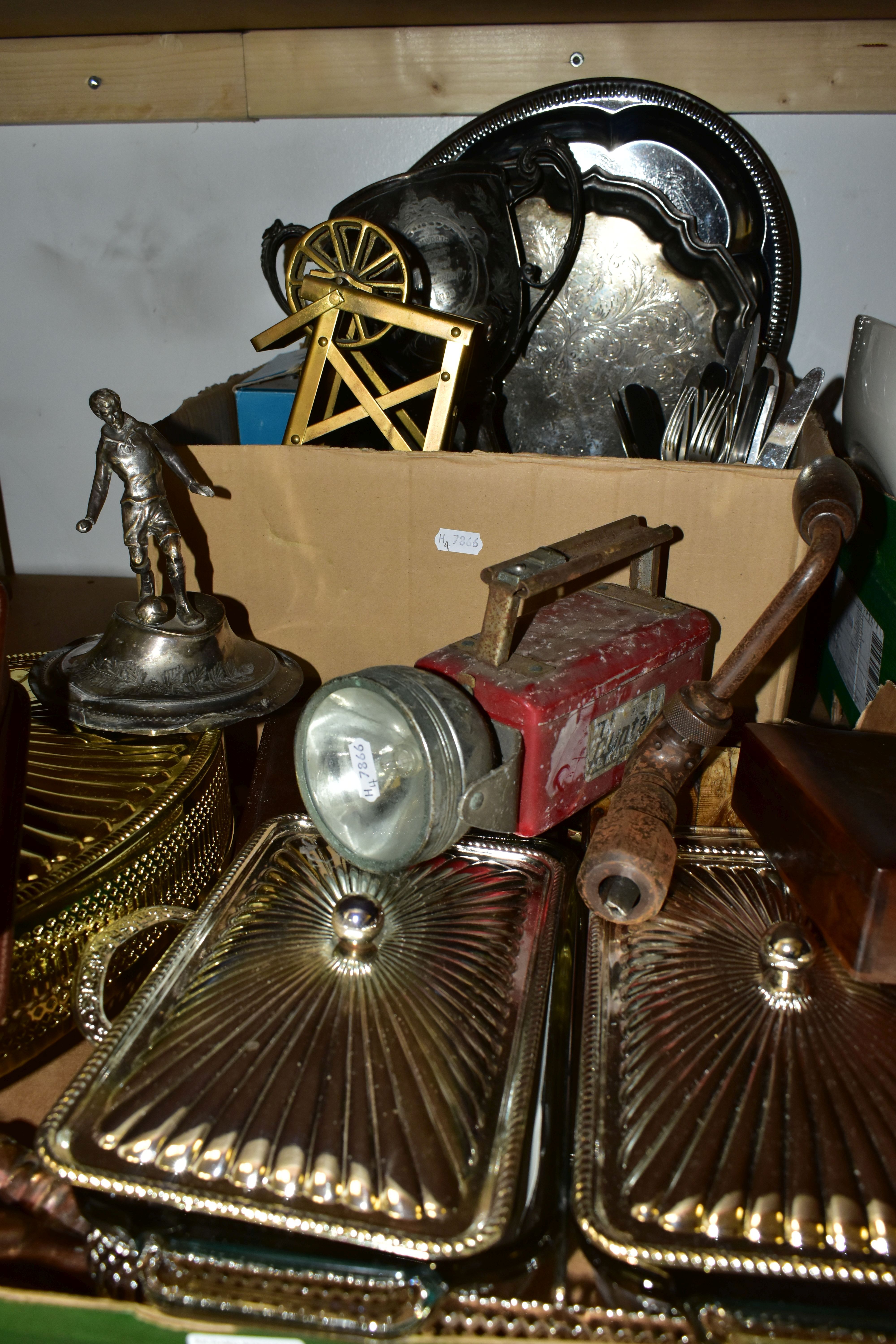 TWO BOXES OF METALWARE, to include two Fire-King serving dishes with lids, a leather box of - Image 4 of 4