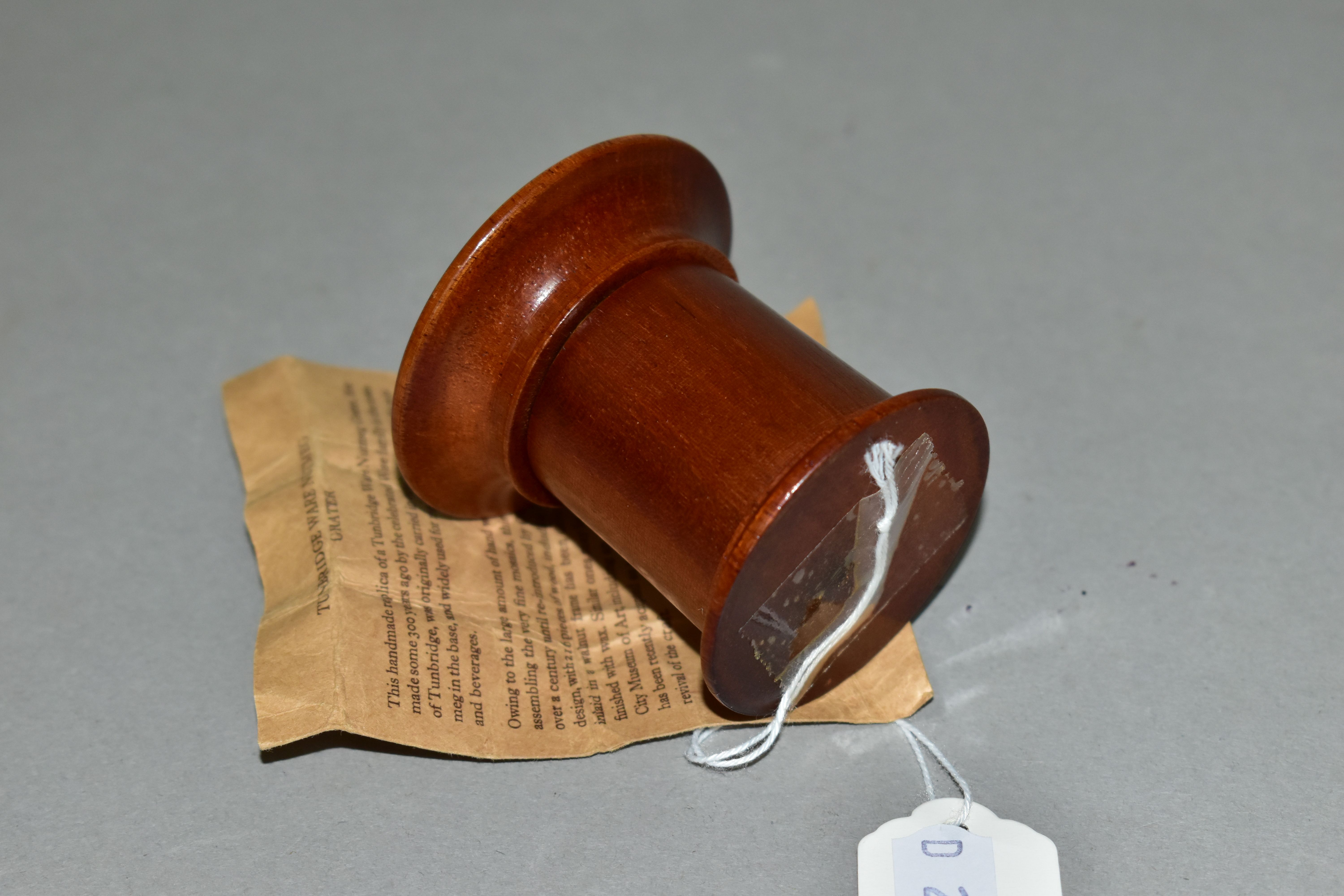 A TUNBRIDGEWARE STYLE NUTMEG GRATER, the lid, with inlaid star pattern, unscrews to reveal the metal - Image 2 of 3