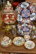 A QUANTITY OF ORIENTAL CERAMICS, comprising two hand painted apricot and gold Noritake trios