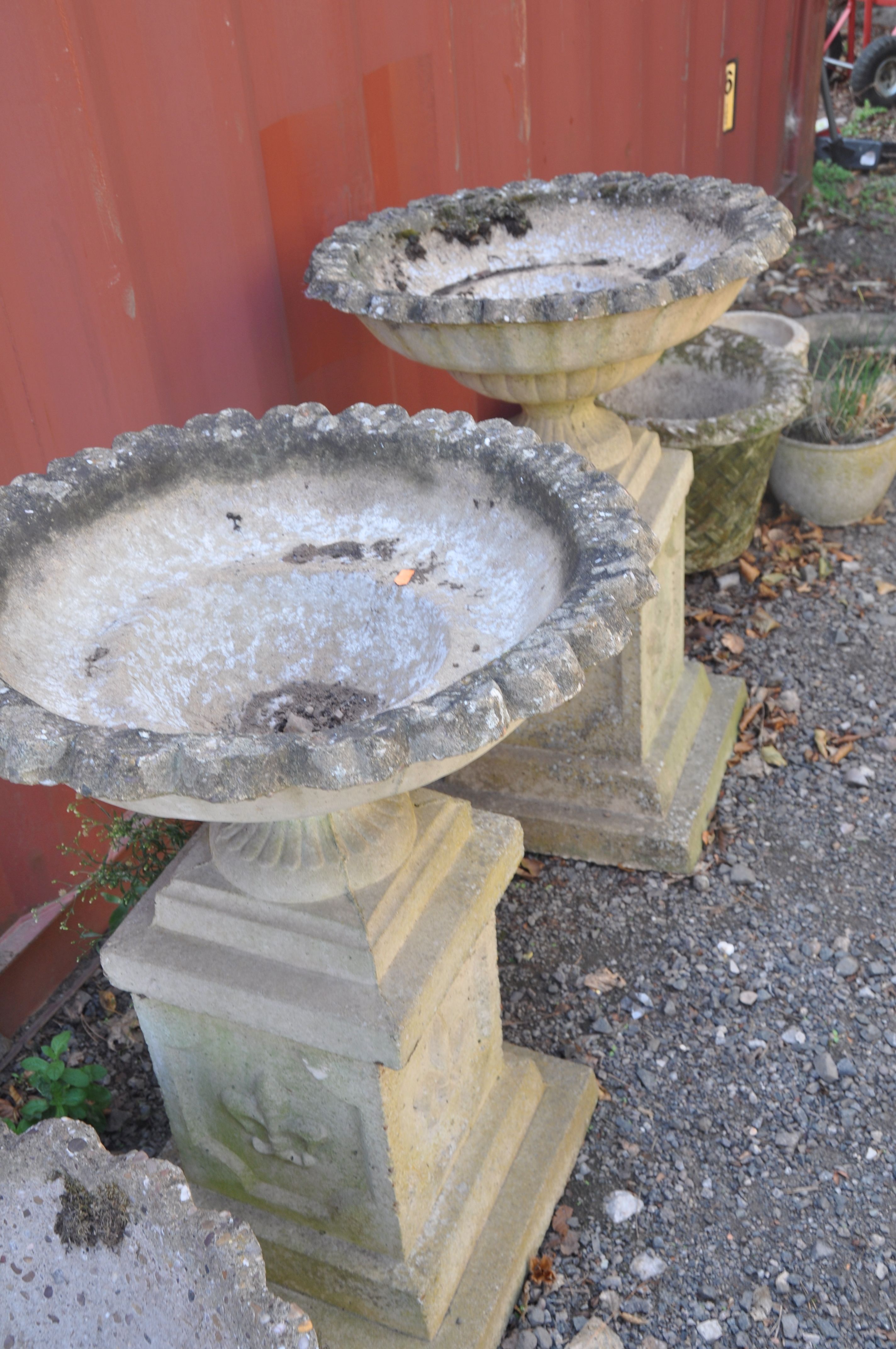 A PAIR OF MODRN COMPOSITE GARDEN URNS on square columns with pie crust top edges, baluster and - Image 3 of 3