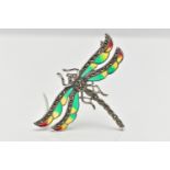 A WHITE METAL, PLIQUE A JOUR DRAGONFLY BROOCH, marcasite set body and eyes with green, yellow and