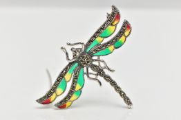 A WHITE METAL, PLIQUE A JOUR DRAGONFLY BROOCH, marcasite set body and eyes with green, yellow and