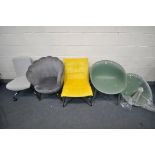 A SELECTION OF VARIOUS CHAIRS, to include a pair of green plastic tub chairs (one dismantled) and