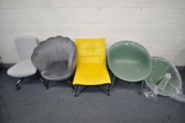 A SELECTION OF VARIOUS CHAIRS, to include a pair of green plastic tub chairs (one dismantled) and