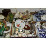 SEVEN BOXES OF CERAMICS AND KITCHENWARE, to include assorted dinnerwares, blue and white 'Willow'