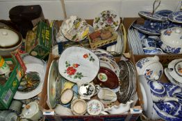 SEVEN BOXES OF CERAMICS AND KITCHENWARE, to include assorted dinnerwares, blue and white 'Willow'