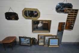 A SELECTION OF MIRRORS AND PICTURES, to include a rectangular gilt bevelled edge wall mirror,