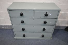 A VICTORIAN PAINTED PINE CHEST OF TWO SHORT OVER THREE LONG DRAWERS, width 100cm x depth 47cm x