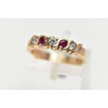 A 9CT GOLD RUBY AND CUBIC ZIRCONIA FIVE STONE RING, set with two circular cut rubies, interspaced