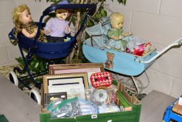 TWO DOLL'S PRAMS AND A BOX OF ASSORTED SUNDRIES, to include a 1960's pale blue doll's pram with a