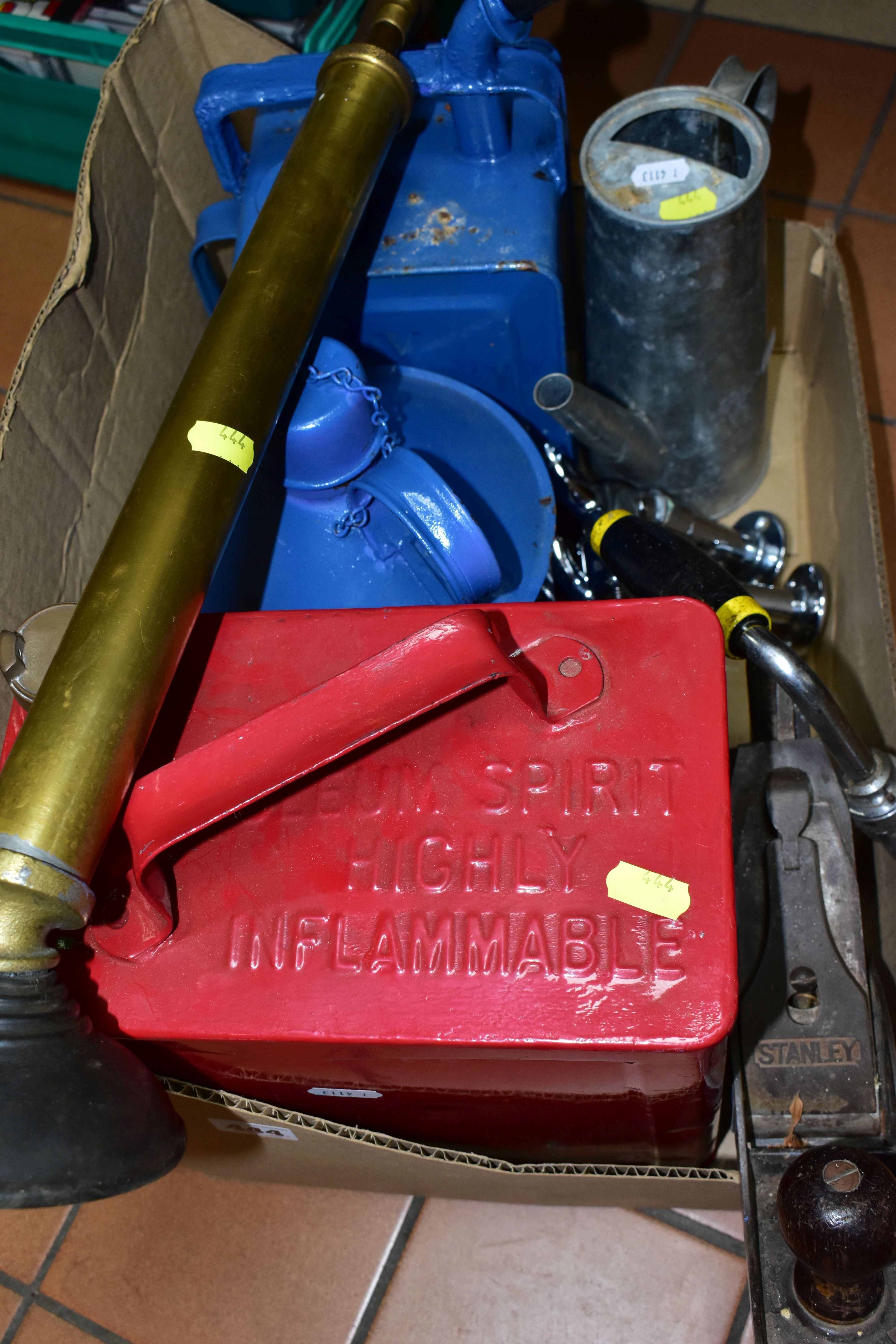 ONE BOX OF METALWARE, to include a large Stanley No 78 hand brace drill, a vintage Valor petrol - Image 2 of 2