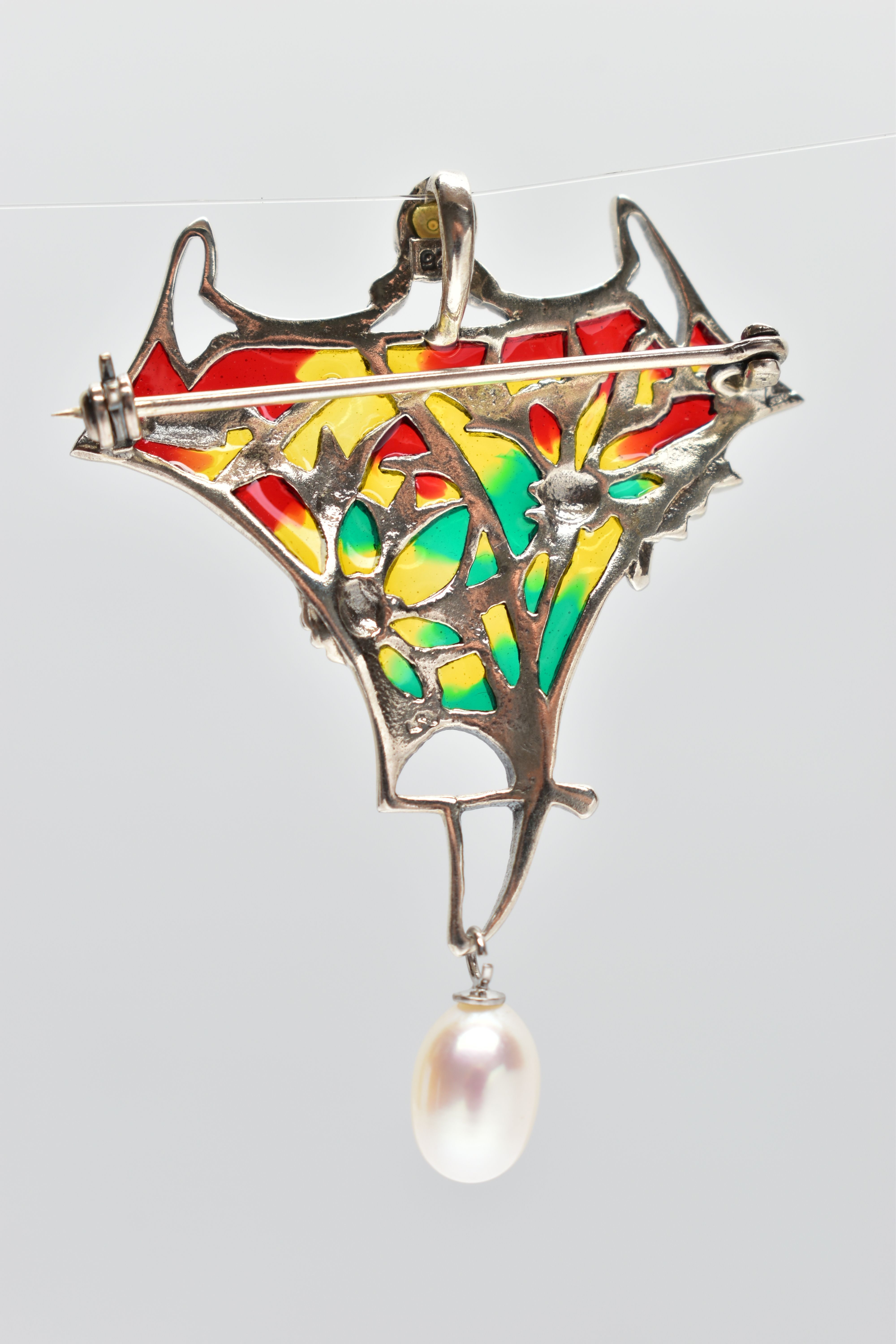 A PLIQUE A JOUR AND CULTURED PEARL BROOCH, designed as a floral bouquet with Vari colour enamel - Image 2 of 2