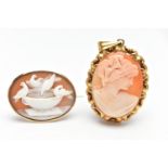 TWO YELLOW METAL CAMEOS, the first is a shell cameo pendant carved to depict a lady in profile,