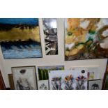 MODERN PAINTINGS. PRINTS AND FRAMES, six box canvas pictures in a variety of styles, together with