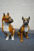 TWO CERAMIC SEATED DOG STATUES, boxer? the tallest dog height 74cm, smallest dog height 64cm (