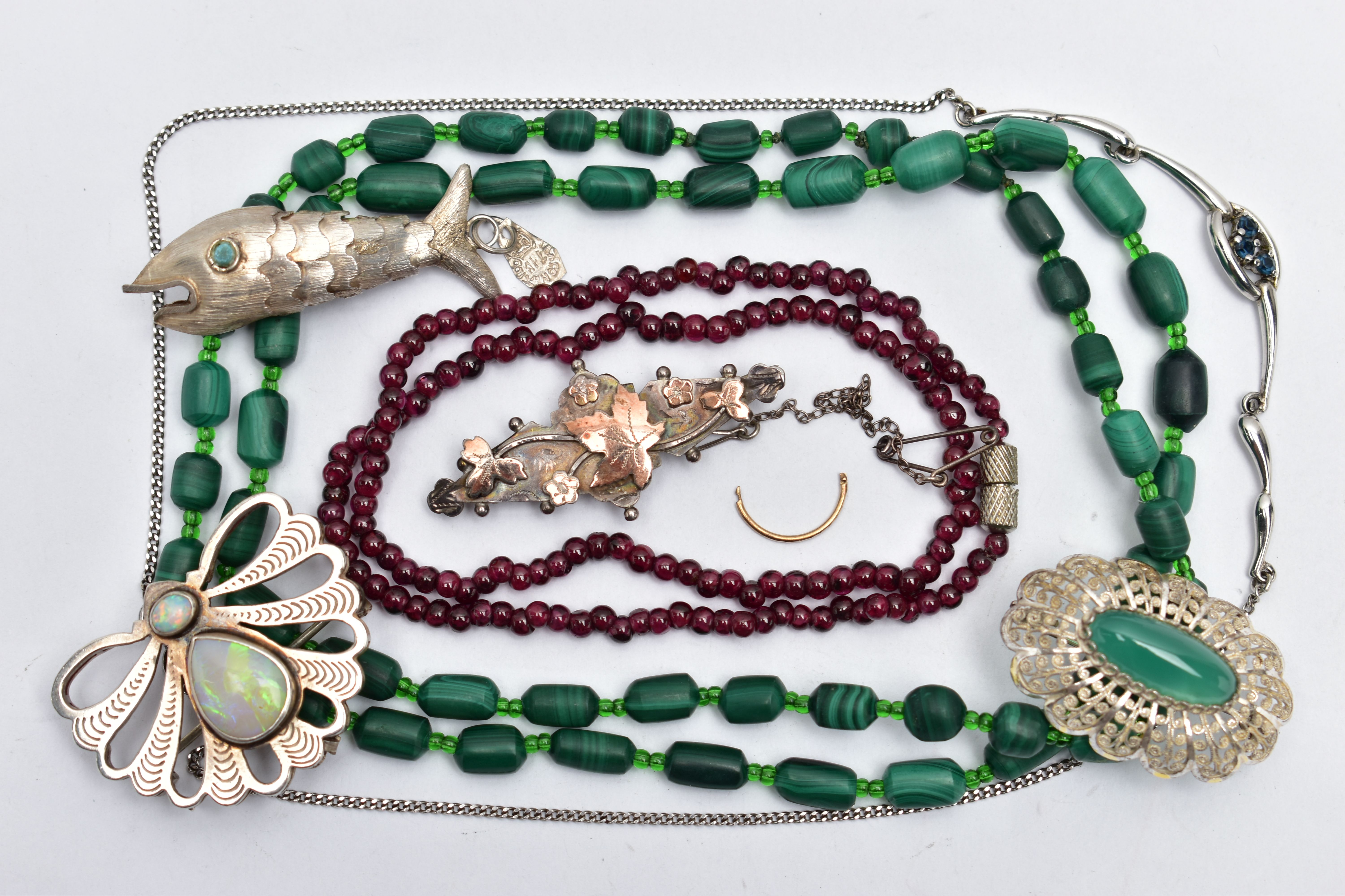 A SELECTION OF WHITE METAL AND GEMSTONE BEAD JEWELLERY, to include a Victorian gold and silver