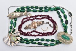 A SELECTION OF WHITE METAL AND GEMSTONE BEAD JEWELLERY, to include a Victorian gold and silver