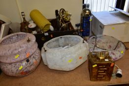 ONE BOX OF LIGHTING, LAMPS AND GLASS SHADES, to include four large 1920s Art Deco mottled glass