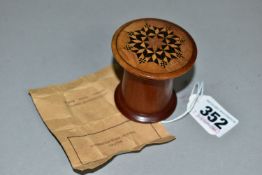 A TUNBRIDGEWARE STYLE NUTMEG GRATER, the lid, with inlaid star pattern, unscrews to reveal the metal
