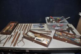 A COLLECTION OF VINTAGE TOOLS to include four tubs of vintage tools, F-clamps, marking tools, saw