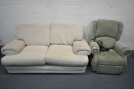 A CREAM LEATHER AND UPHOLSTERED TWO SEATER SOFA, length 192cm x depth 105cm x height 71cm, and a