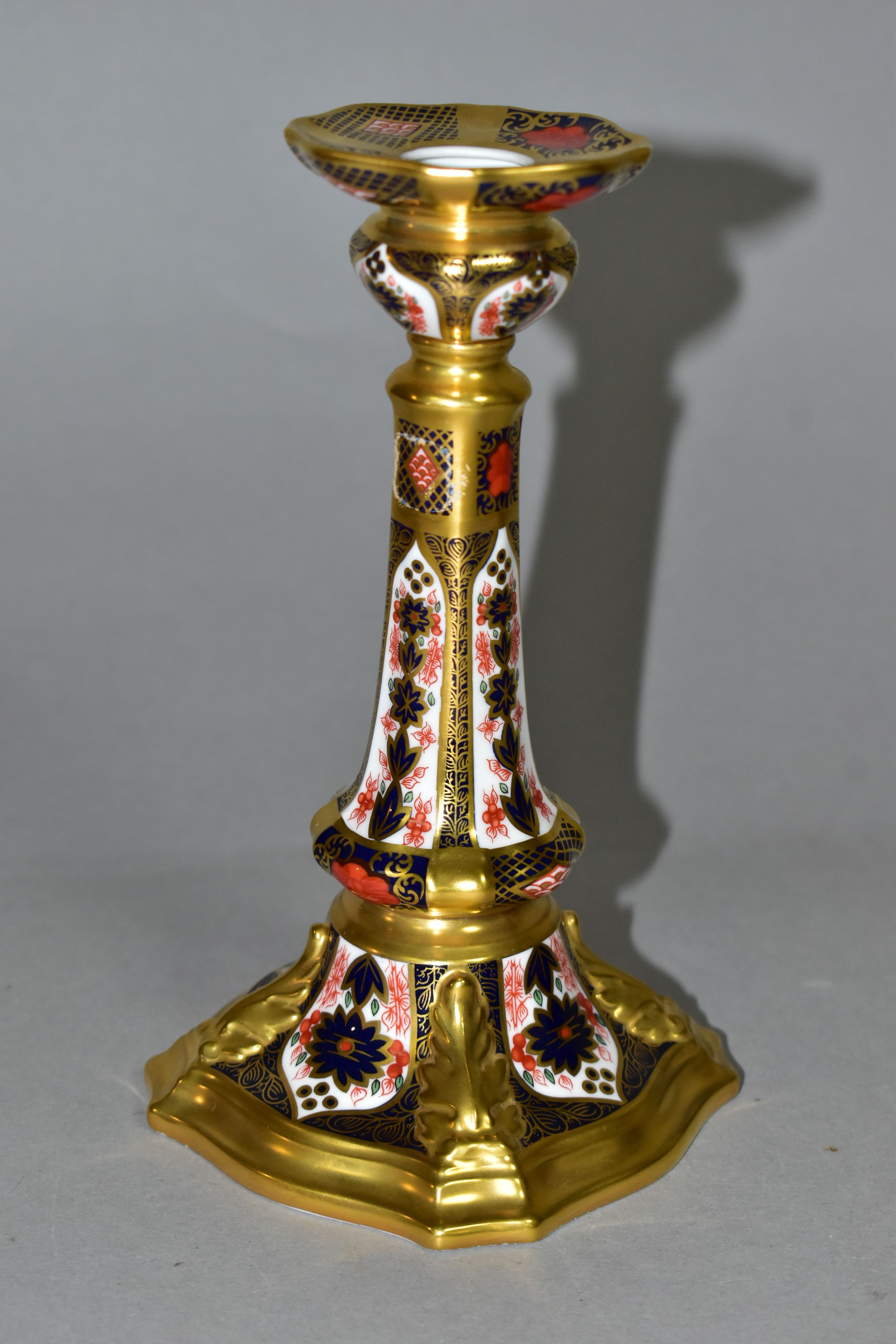 A ROYAL CROWN DERBY OLD IMARI 1128 SOLID GOLD BAND CASTLETON CANDLESTICK, heavily gilded with leaf - Image 2 of 4