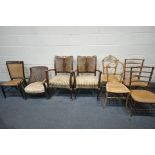 A SELECTION OF VARIOUS CHAIRS, to include a pair of oak armchairs, with cane back and stripped