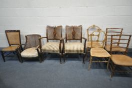 A SELECTION OF VARIOUS CHAIRS, to include a pair of oak armchairs, with cane back and stripped