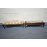 A LONG FOOTSTOOL, with needlework fabric, on ball and claw feet, length 86cm, and another long