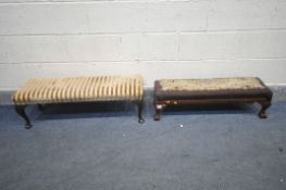 A LONG FOOTSTOOL, with needlework fabric, on ball and claw feet, length 86cm, and another long