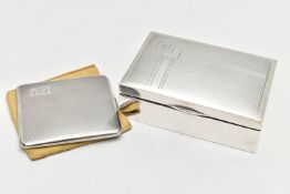 A SILVER CIGARETTE BOX AND CIGARETTE CASE, a box of rectangular form, engine turned pattern with