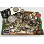 A BOX OF ASSORTED WHITE METAL, to include a selection of trays, coasters, compacts, candle sticks