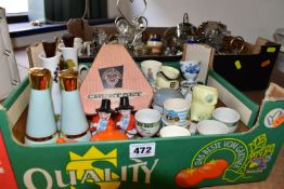TWO BOXES OF ASSORTED CRUET SETS AND EGG CUPS, to include a quantity of silverplate and cut