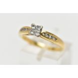 AN 18CT YELLOW GOLD DIAMOND RING, set with a square shape panel of four princess cut diamonds, to