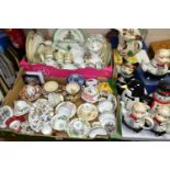 TWO BOXES OF TEAWARES to include eight novelty teapots, a collection of thimbles with a display